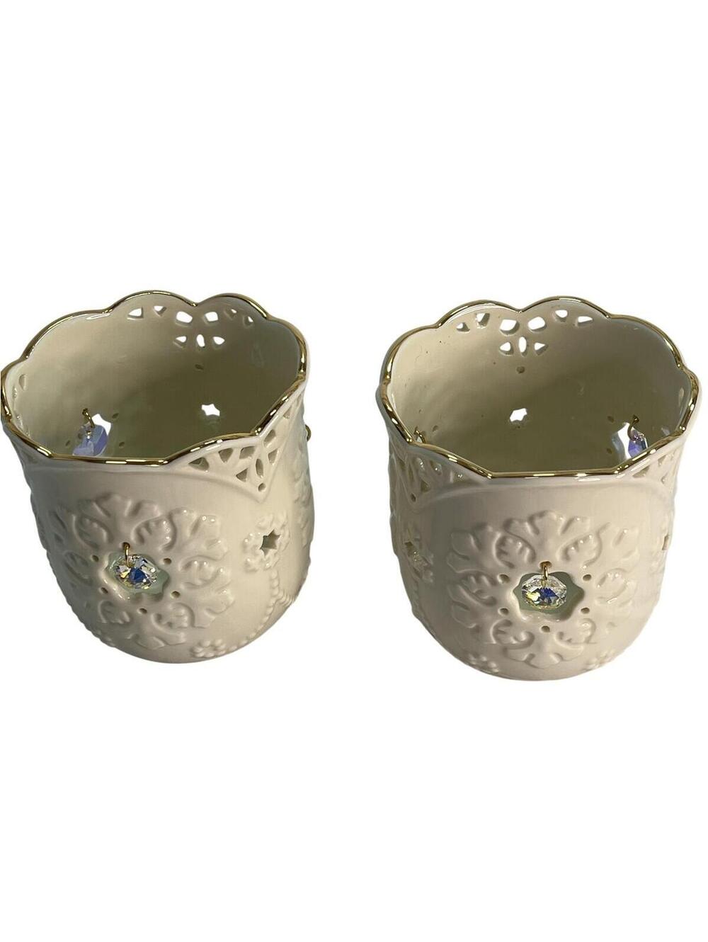 Lenox Garden Lights Tea Light Holders Set Of 2 White Porcelain Gold Trim Crystal